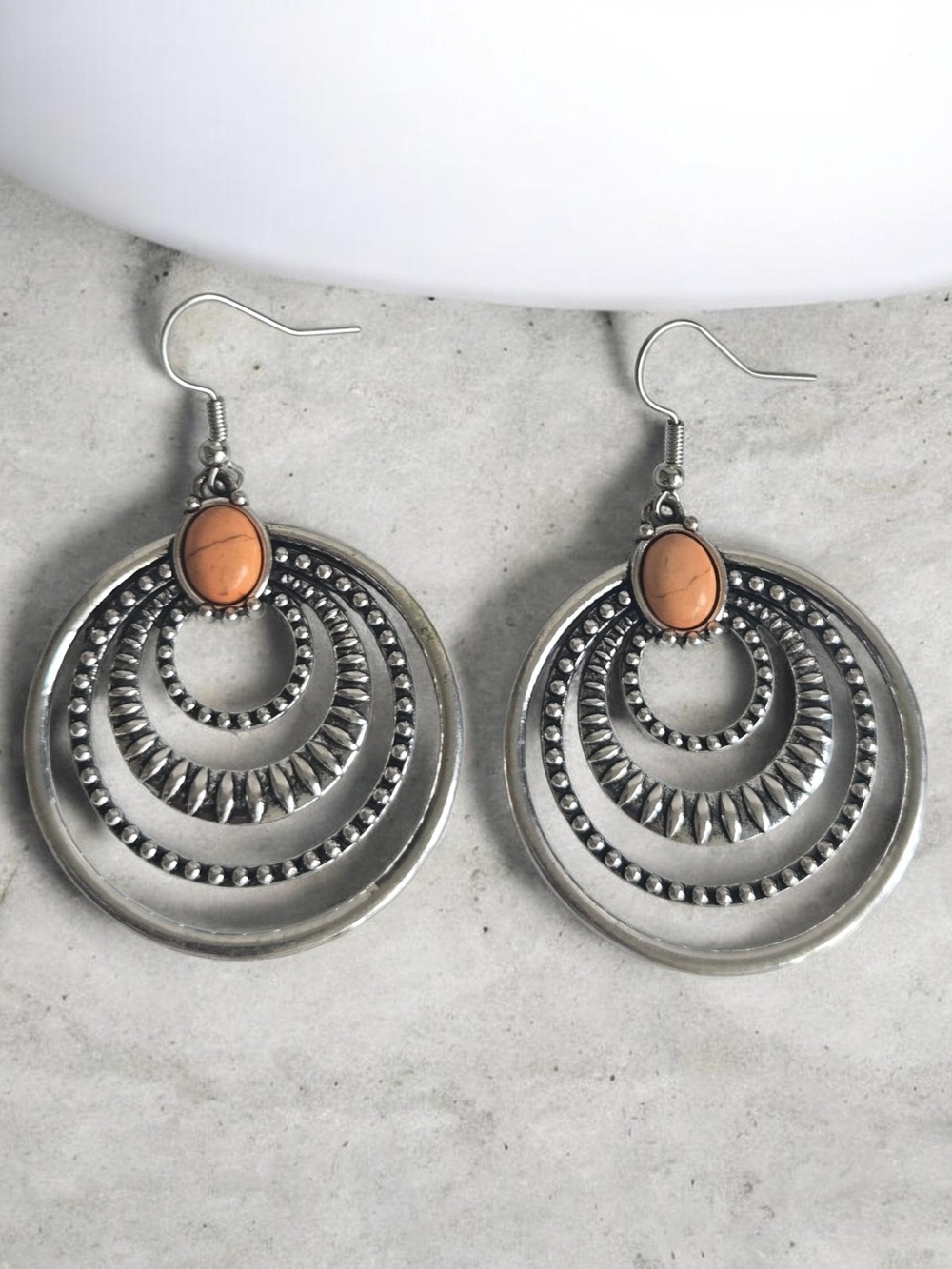 paparazzi Silver-Tone Hoop Earrings with Peach Oval Stone